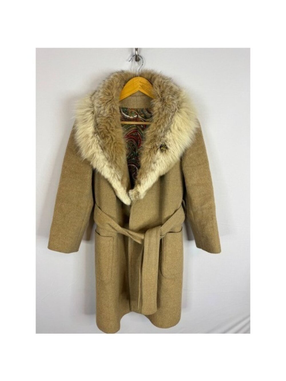 Vintage 70s ILGWU Wool Fur Collar Belted Wrap Trench Coat Paisley Lining XS/S